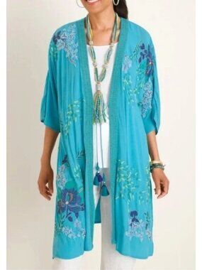 Chicos Women's Sz L/XL Embroidered Turquoise Ruana Duster Kimono With Tassel Tie